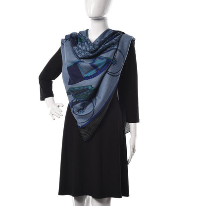 Hermes Cashmere Silk Les Voitures A Transformation Shawl 140 Bleu De Chine Kaki Marine 2 of 4