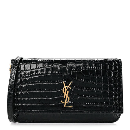 Saint Laurent Crocodile Embossed Monogram Phone Holder Crossbody Black 1 of 9