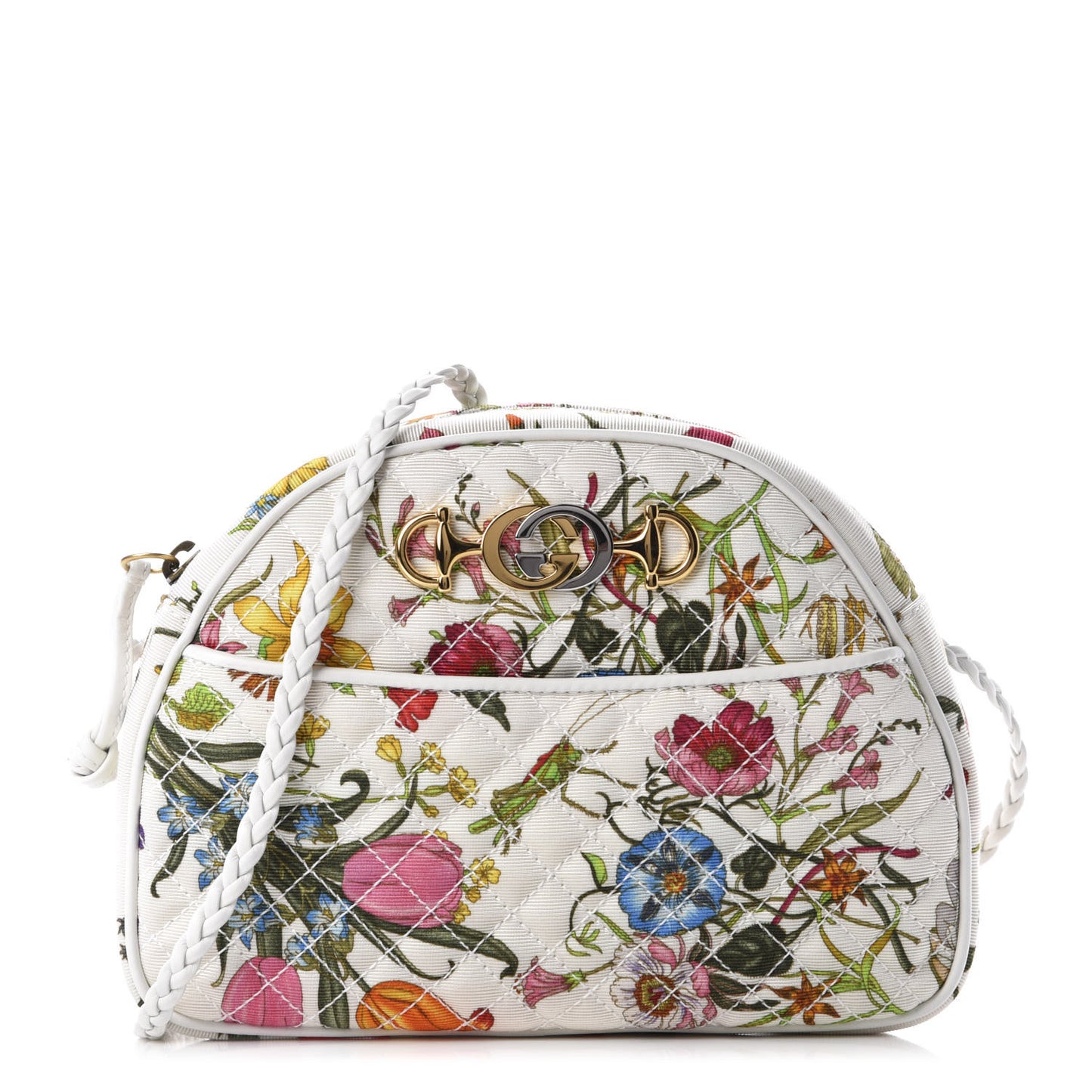 Canvas Flora Floral Trapuntata Small Zumi Dome Shoulder Bag White