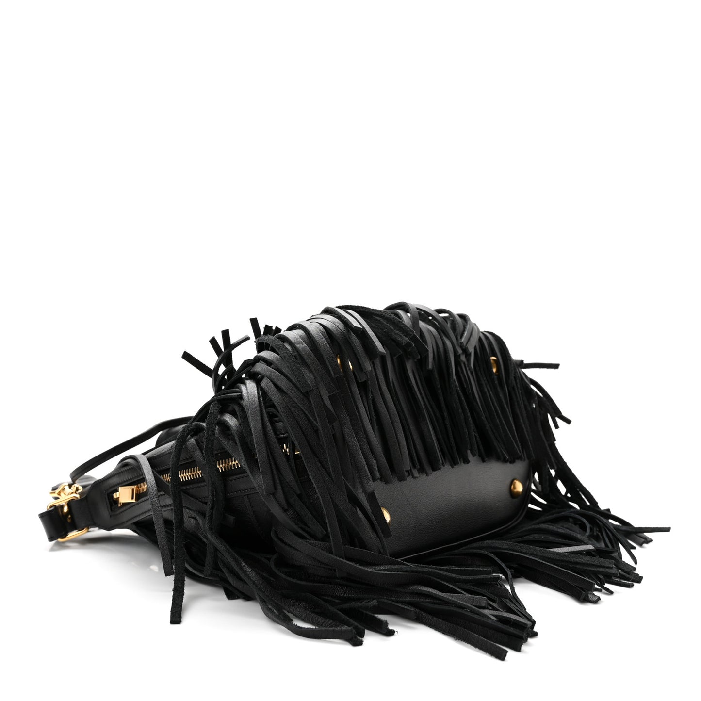Calfskin Small Emmanuelle Fringe Bucket Bag Black