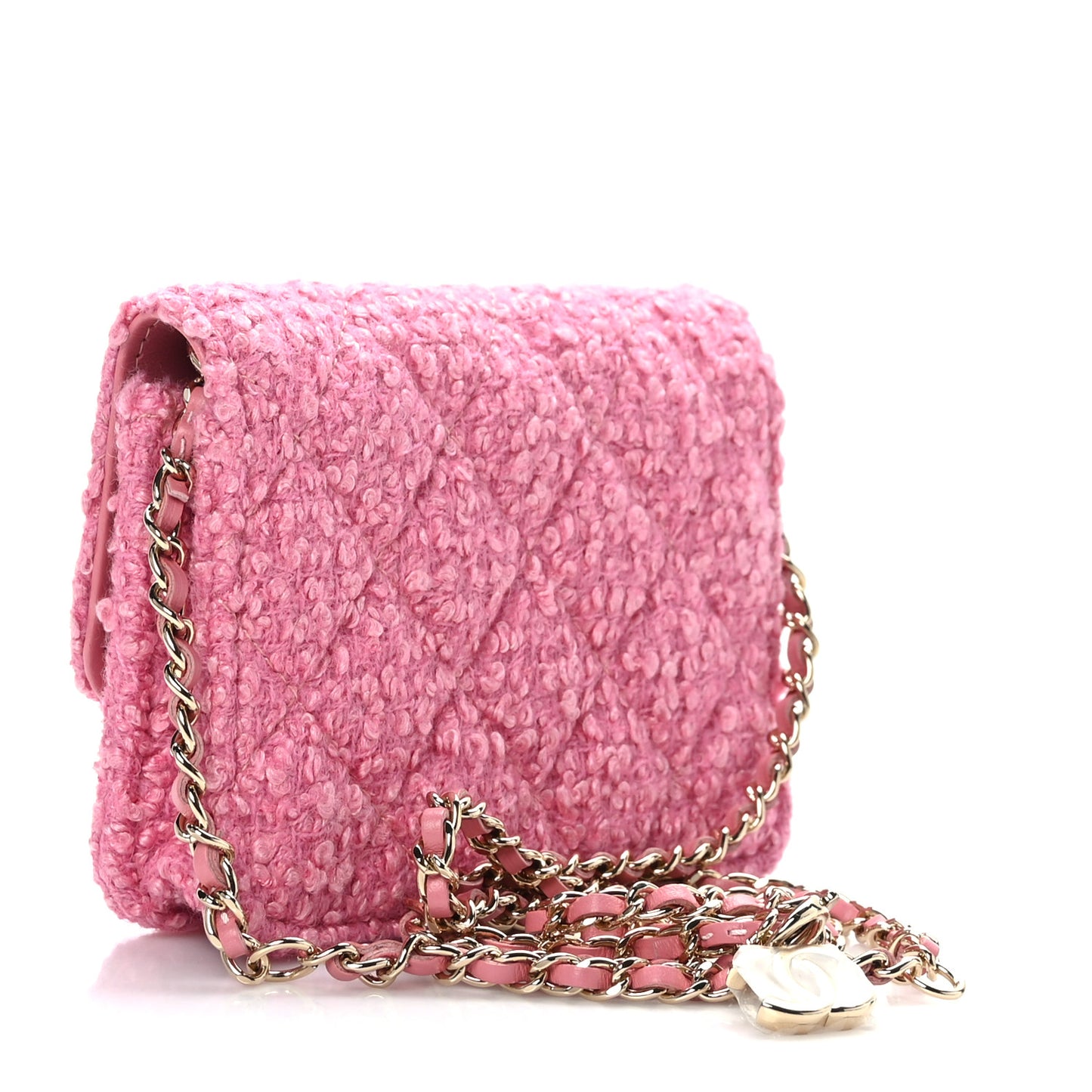 Tweed Quilted Flap Chain Waist Bag Pink