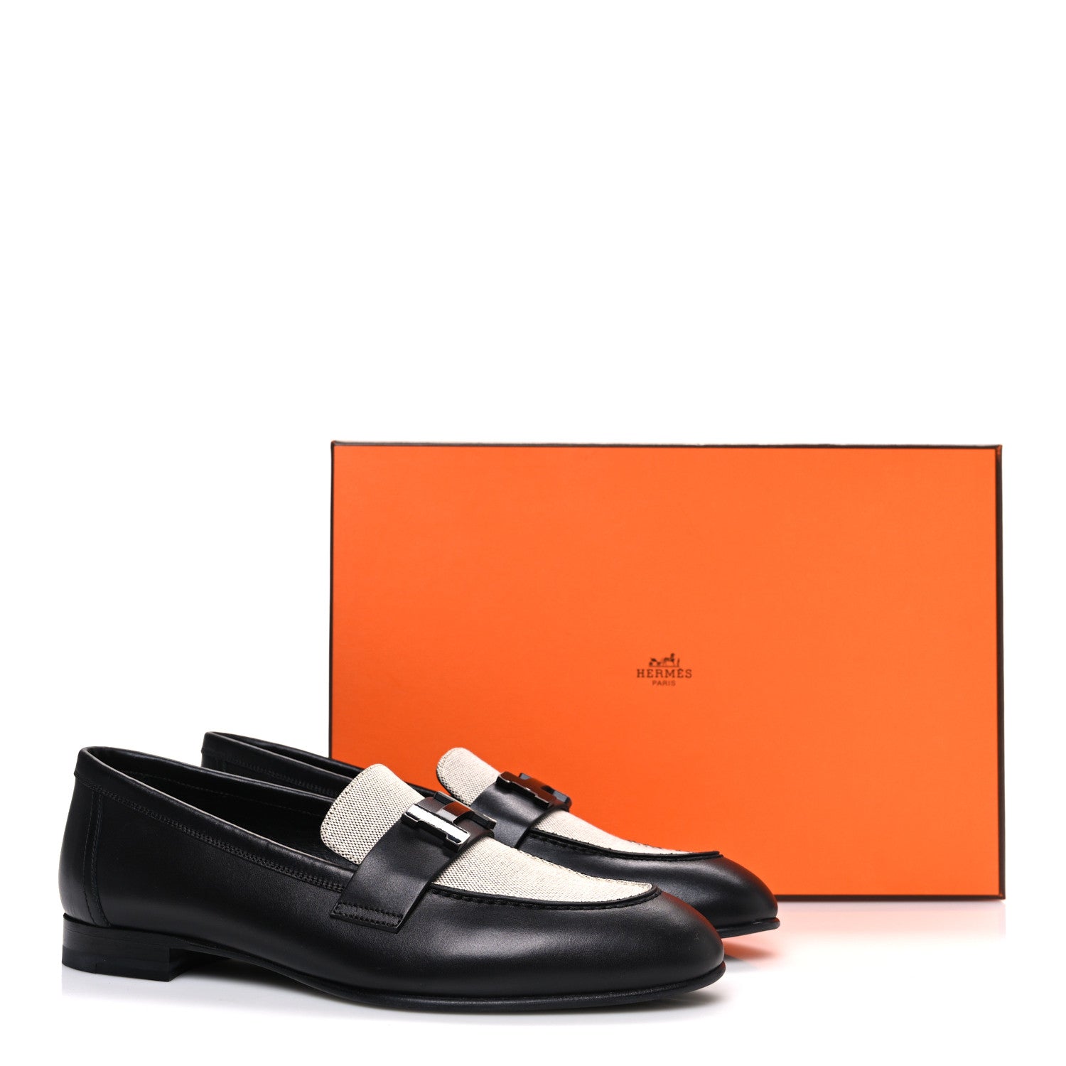 Hermes Toile De Coton Calfskin Womens Paris Loafers 37 Black Prunoir 11 of 11