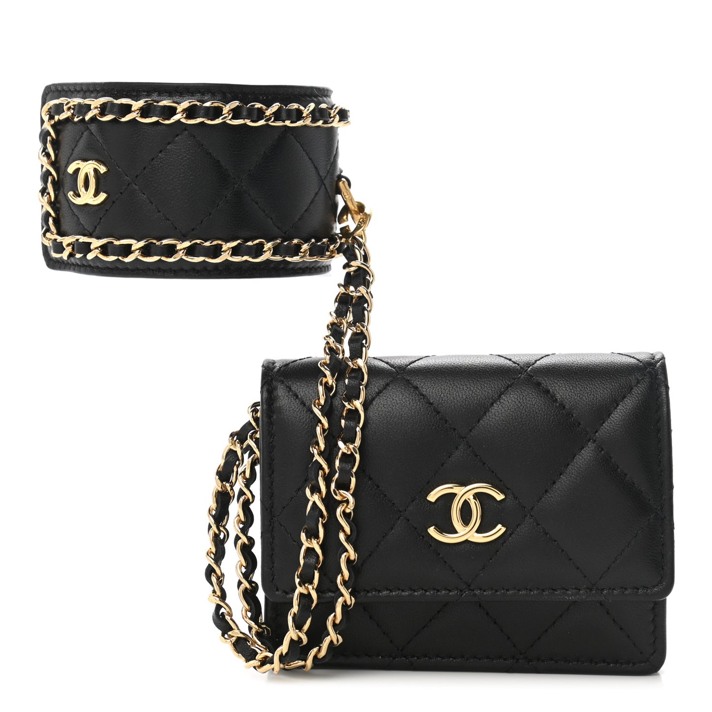 Lambskin Quilted Flap Card Holder With Cuff Black