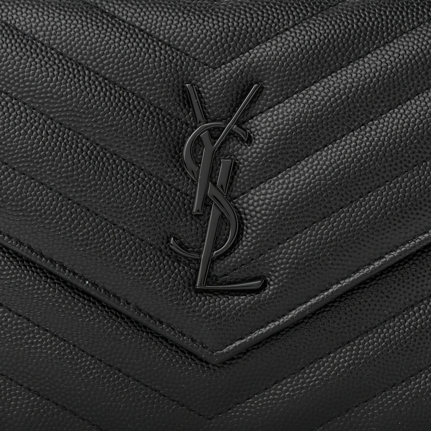 Saint Laurent Grain De Poudre Matelasse Chevron Monogram Monochrome Envelope Chain Wallet Black 9 of 12