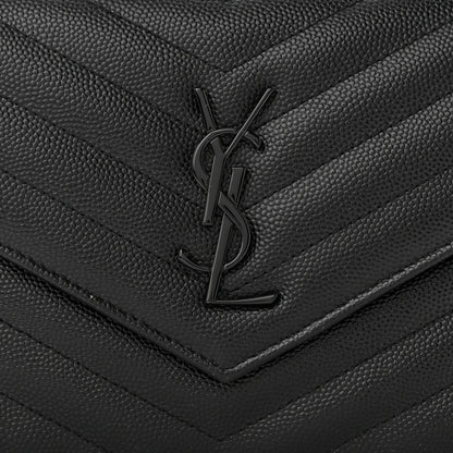 Saint Laurent Grain De Poudre Matelasse Chevron Monogram Monochrome Envelope Chain Wallet Black 9 of 12