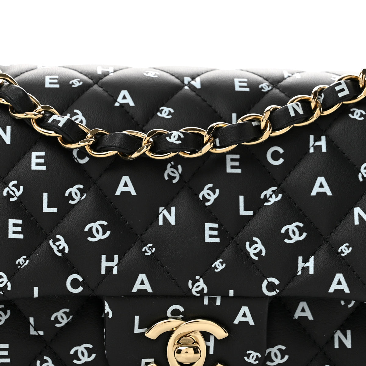Chanel Calfskin Quilted Logo CC Printed Small Double Flap Black White 8 of 12