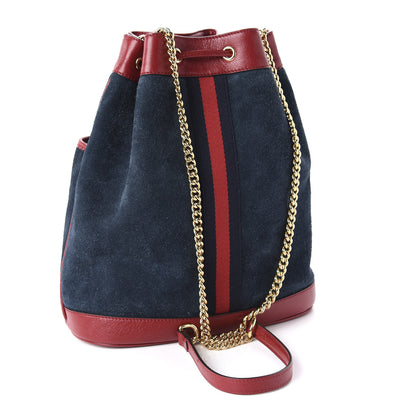 Gucci Suede Calfskin Web Medium Rajah Bucket Bag New Blue Romantic Cherry 3 of 10