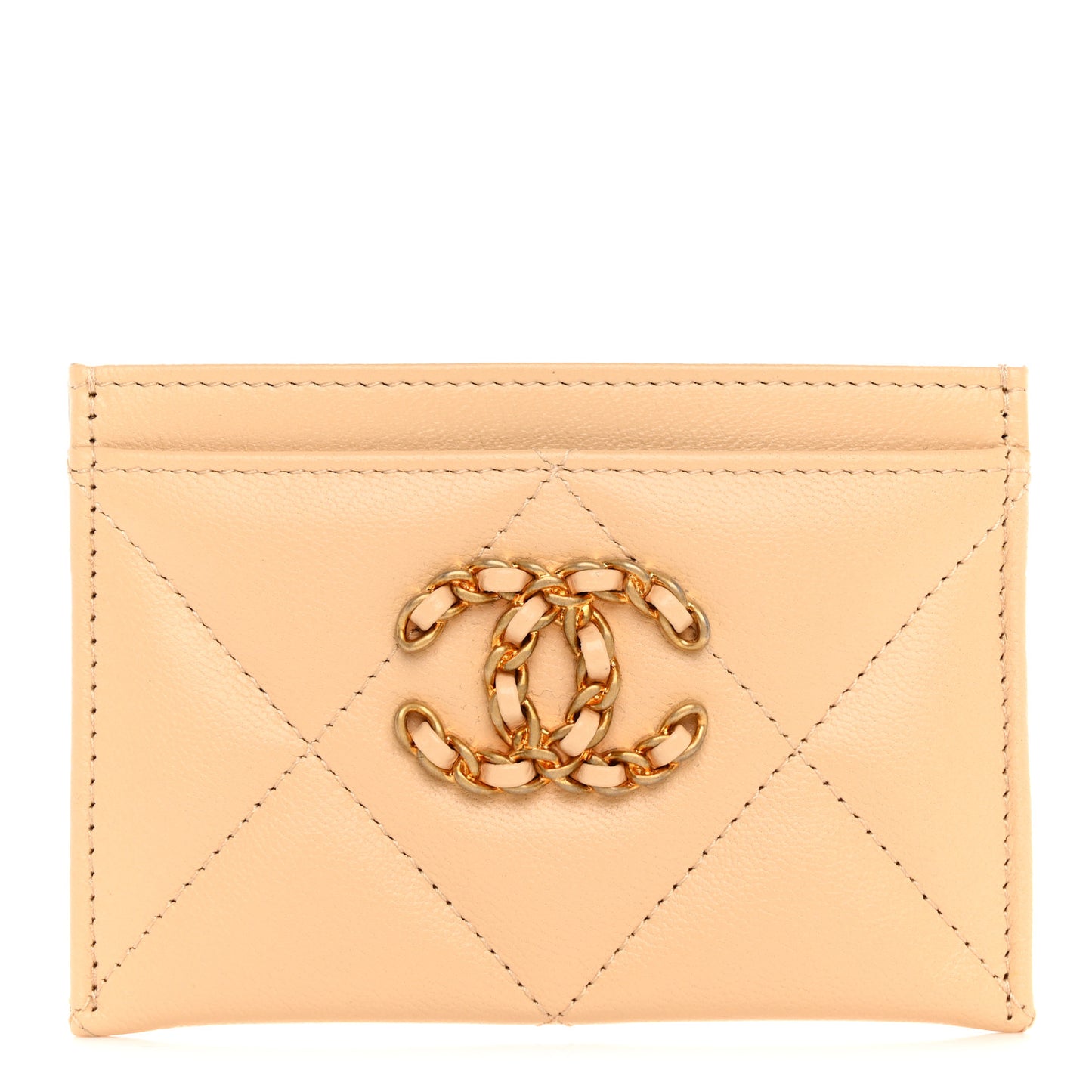 Lambskin Quilted Chanel 19 Card Holder Beige