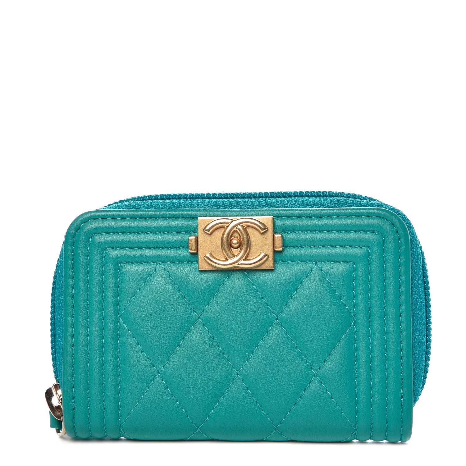 Chanel Calfskin Quilted Boy Zip Around Coin Purse Wallet Turquoise 1 of 6