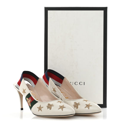 Gucci Malaga Kid Web Bee Star Embroidered Sylvie Mid Heel Slingback Pumps 37.5 White 10 of 10