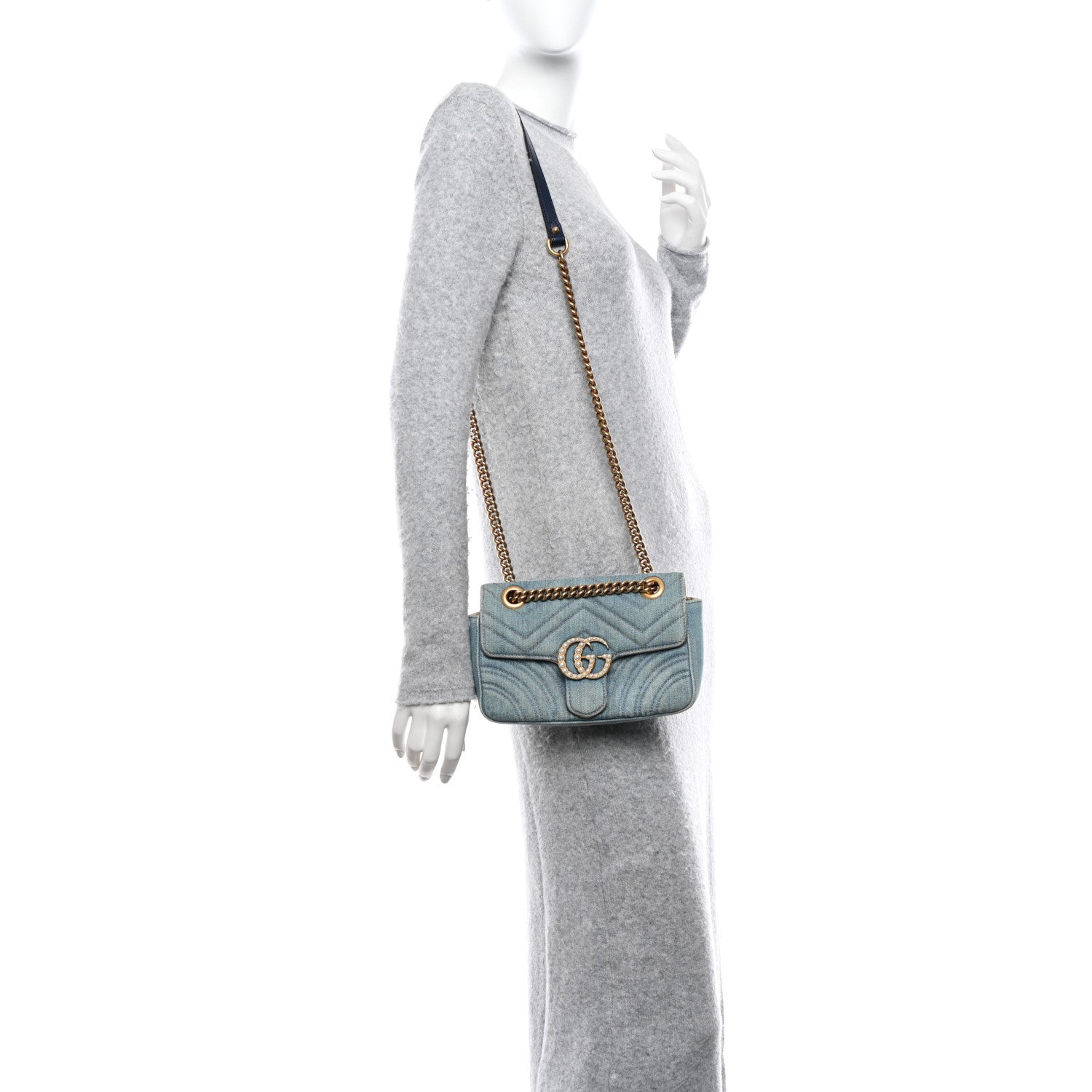Gucci Denim Matelasse Mini Pearly GG Marmont Shoulder Bag Blue 2 of 11
