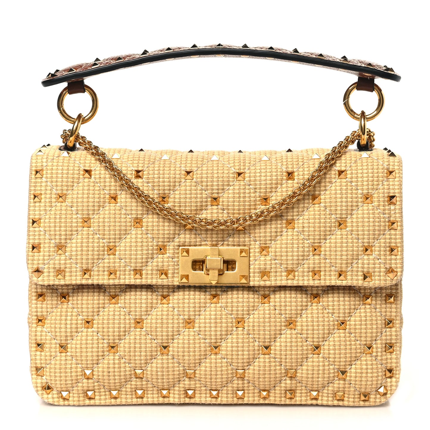 Raffia Medium Rockstud Spike Shoulder Bag Natural Tan