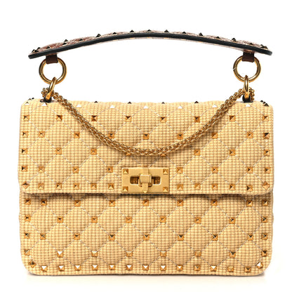 Valentino Garavani Raffia Medium Rockstud Spike Shoulder Bag Natural Tan 1 of 8