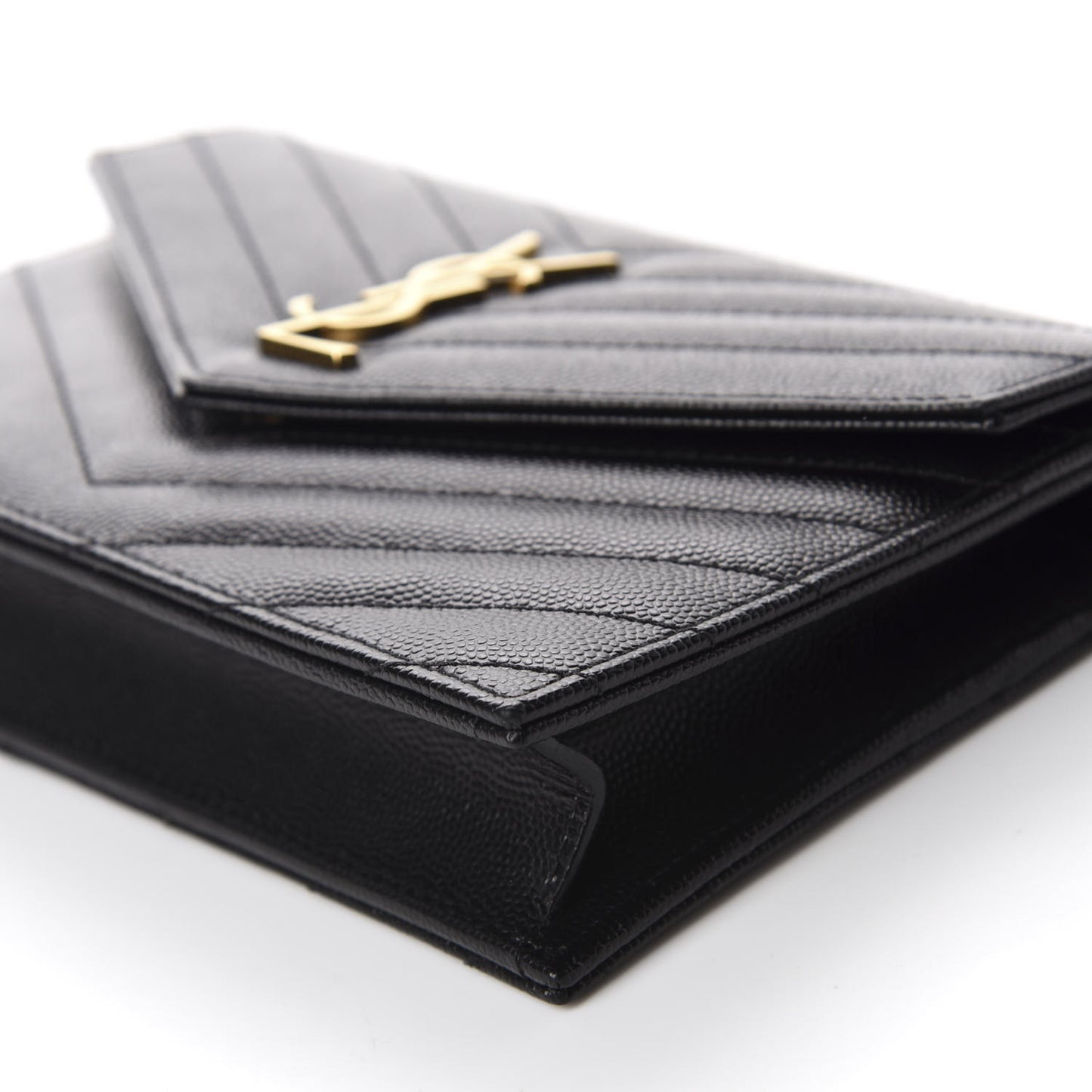 Grain De Poudre Matelasse Chevron Monogram Envelope Chain Wallet Black