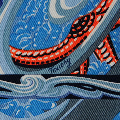 Hermes Silk De la Mer Au Ciel Scarf 90 Blue Jean Ceil Corail 4 of 6