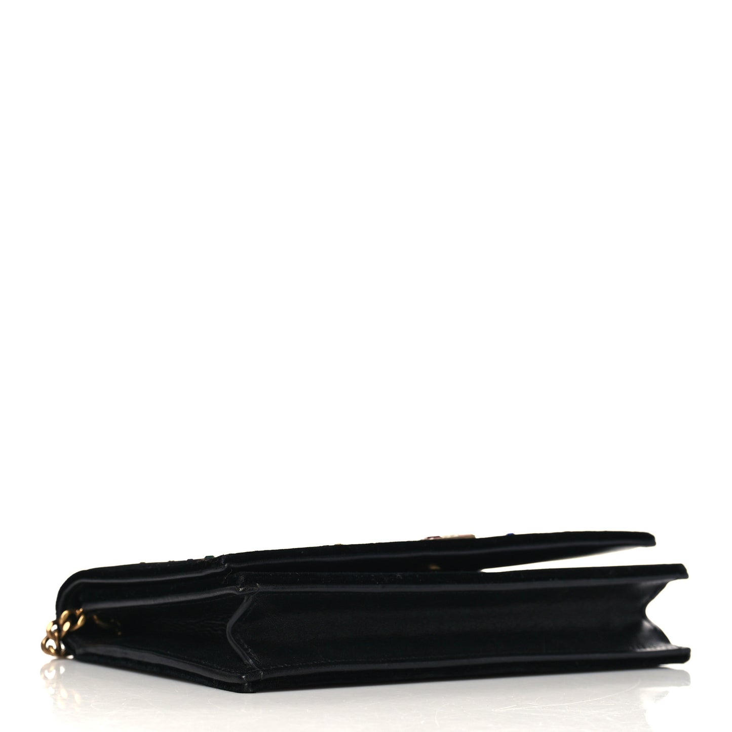 Velvet Crystal Embellished Monogram Kate Chain Wallet Black