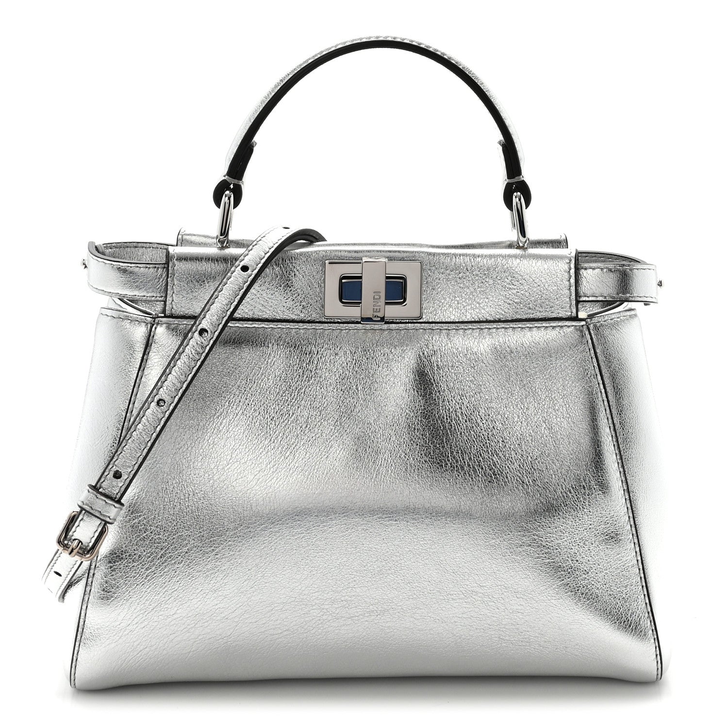 Fendi Vitello Catalan Mirror Mini Peekaboo Iconic Satchel Argento 1 of 9