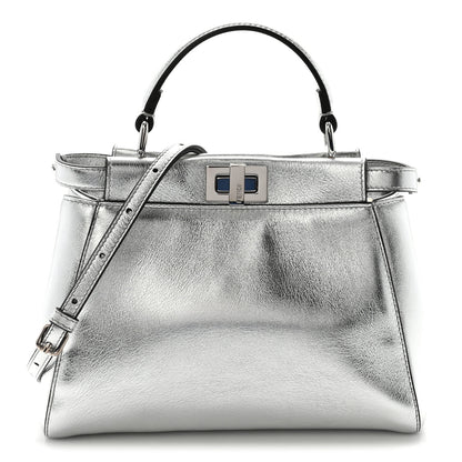 Fendi Vitello Catalan Mirror Mini Peekaboo Iconic Satchel Argento 1 of 9