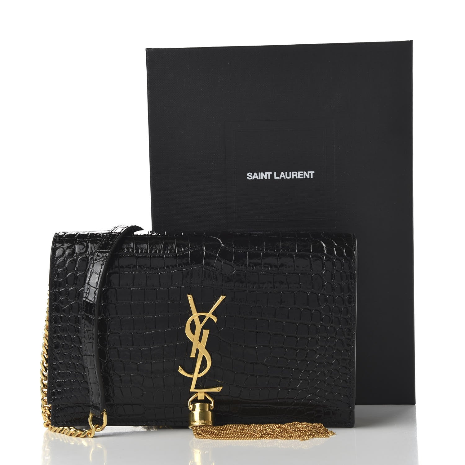 Saint Laurent Calfskin Crocodile Embossed Kate Monogram Tassel Chain Wallet Black 10 of 10
