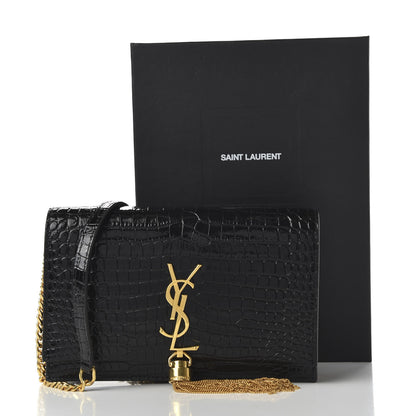 Saint Laurent Calfskin Crocodile Embossed Kate Monogram Tassel Chain Wallet Black 10 of 10