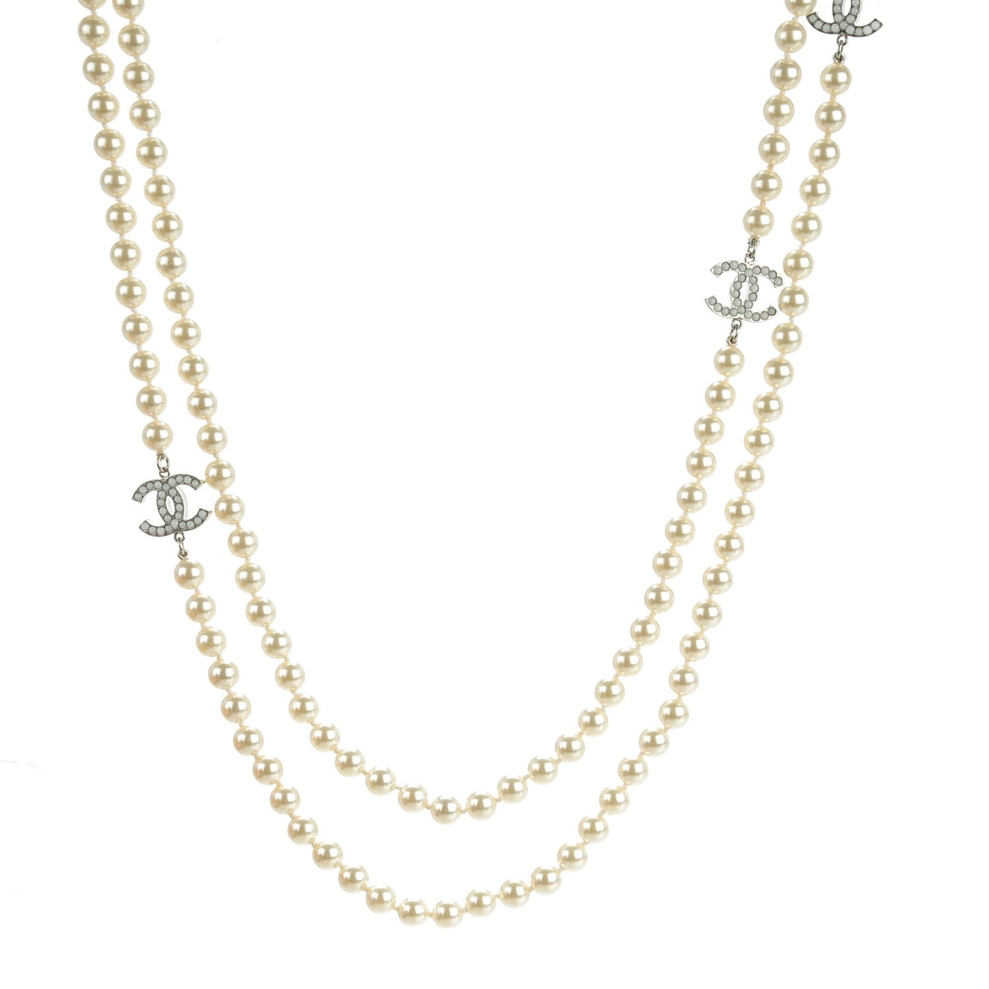 Pearl CC Long Necklace Silver