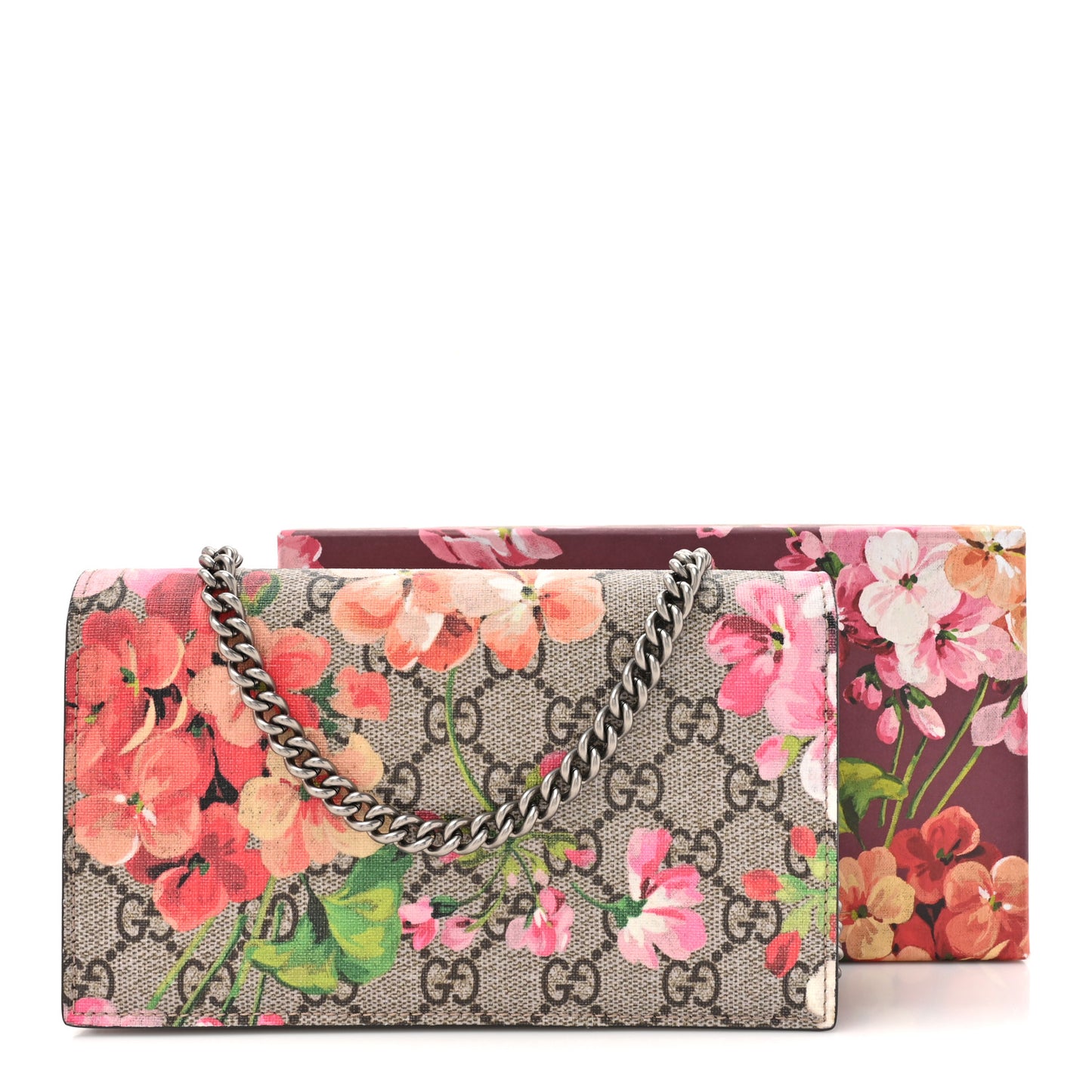 GG Supreme Monogram Blooms Chain Wallet Beige Multicolor Dry Rose