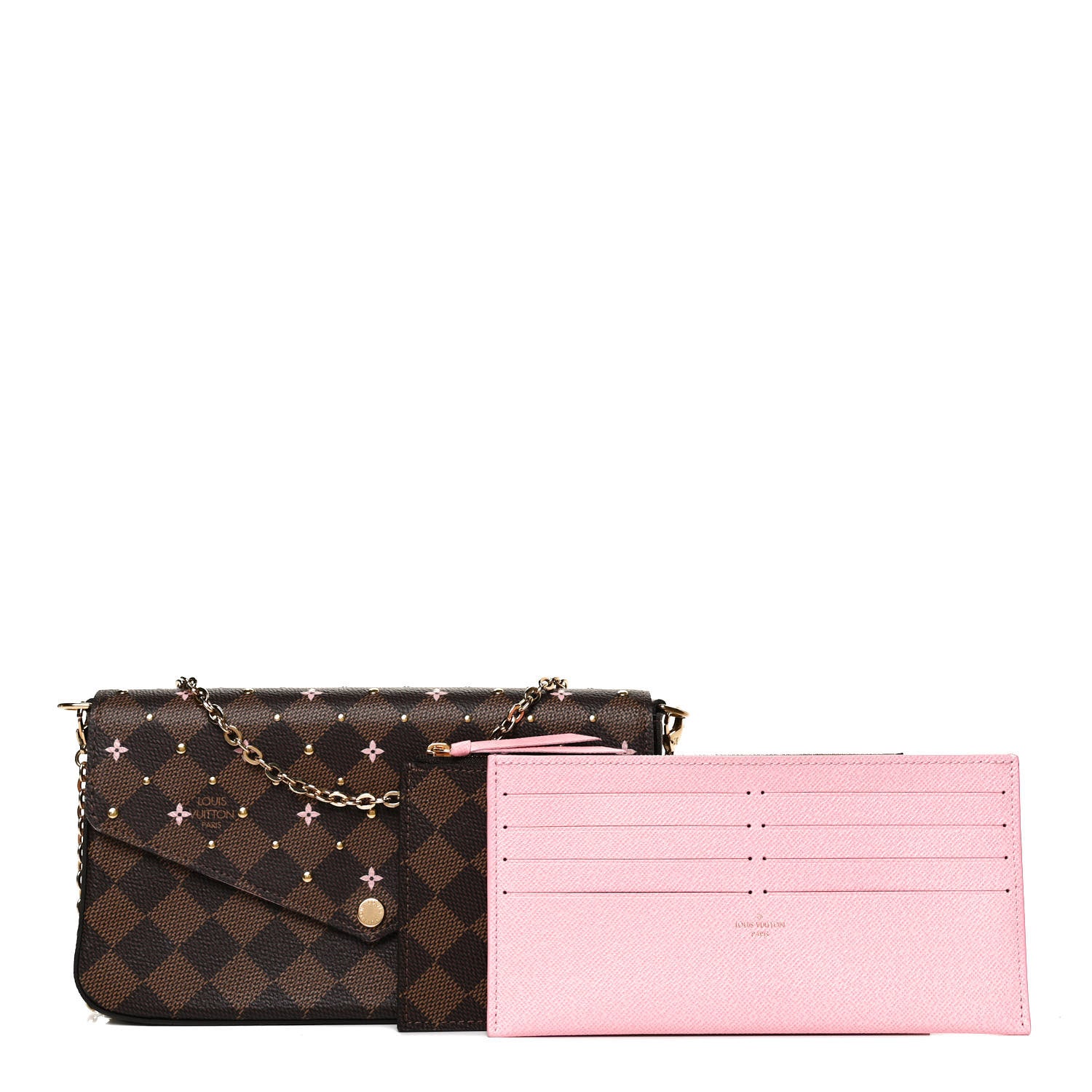 Louis Vuitton Damier Ebene Studded Pochette Felicie Chain Wallet 1 of 12