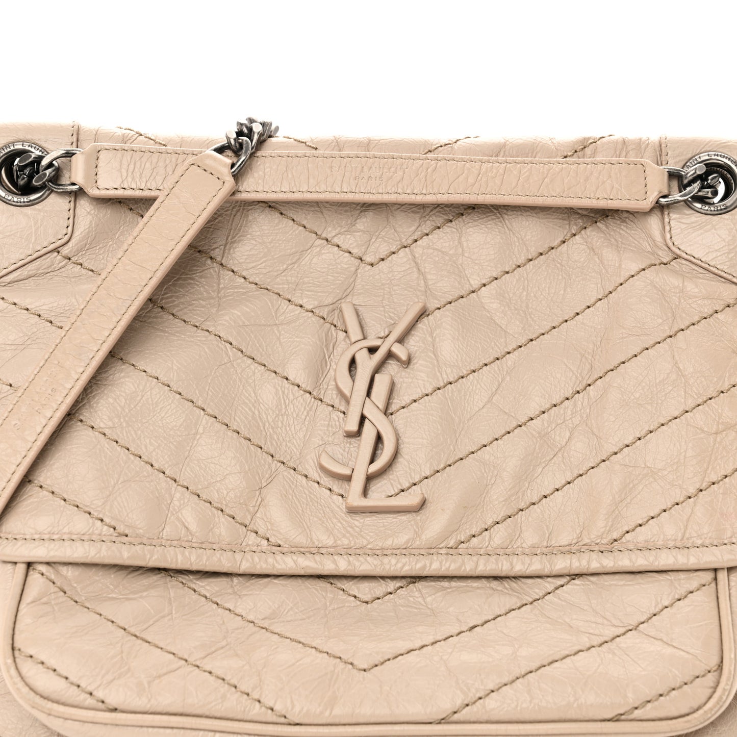 Crinkled Calfskin Matelasse Monogram Medium Niki Chain Satchel Gold Sand