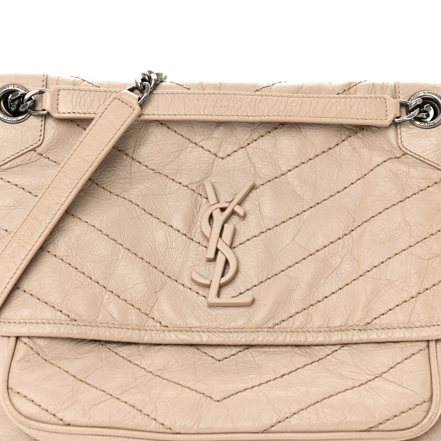 Saint Laurent Crinkled Calfskin Matelasse Monogram Medium Niki Chain Satchel Gold Sand 7 of 9