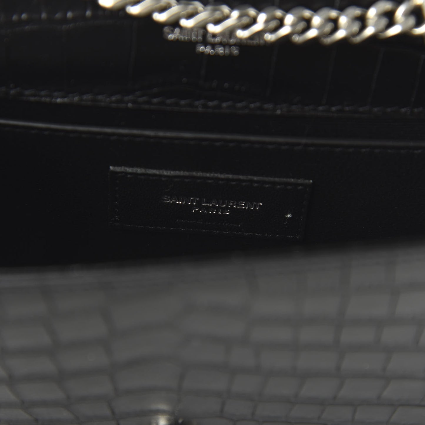 Calfskin Crocodile Embossed Small Classic Monogram Kate Tassel Satchel Black