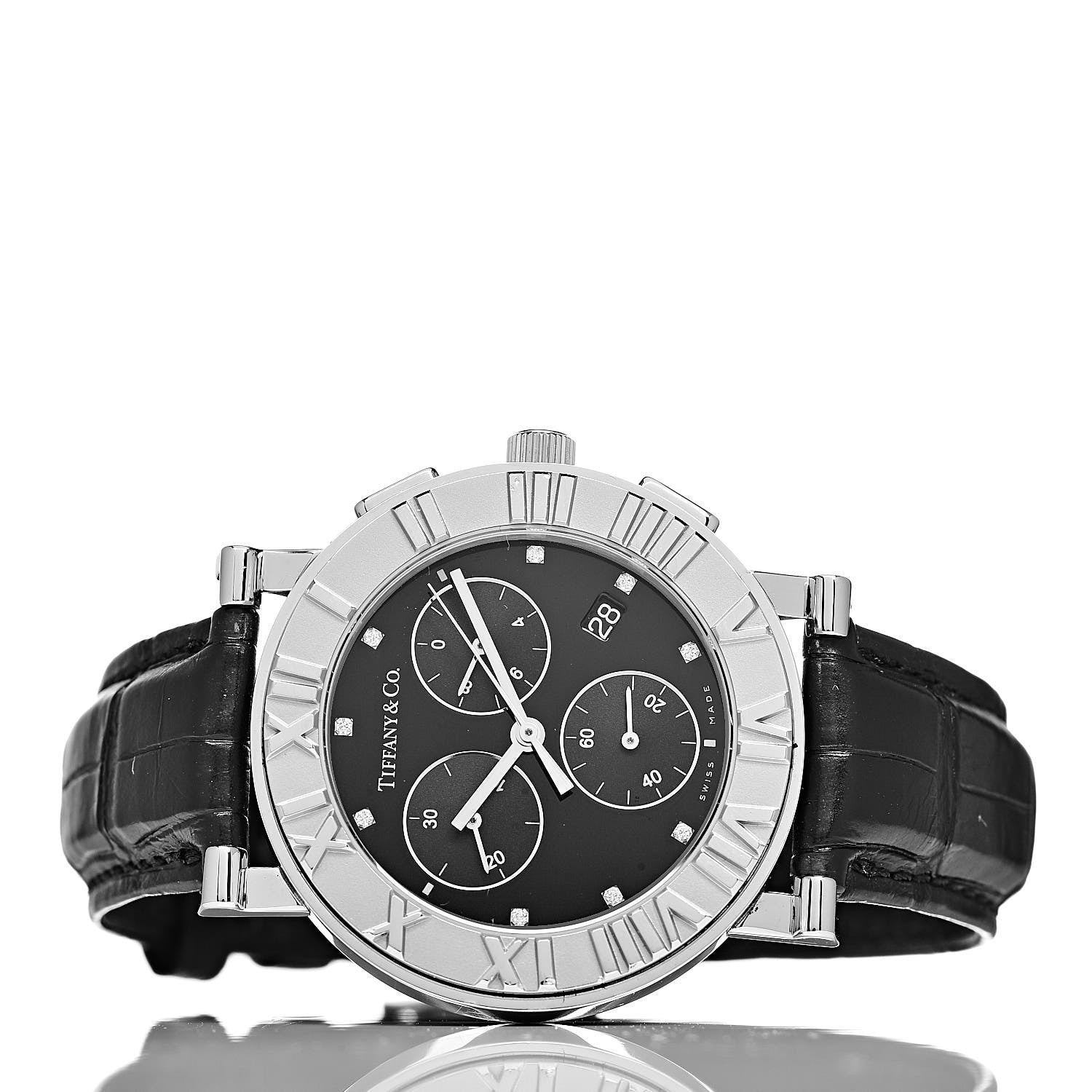 Tiffany Stainless Steel Alligator Diamond 35mm Atlas Chronograph Quartz Watch Black 3 of 10