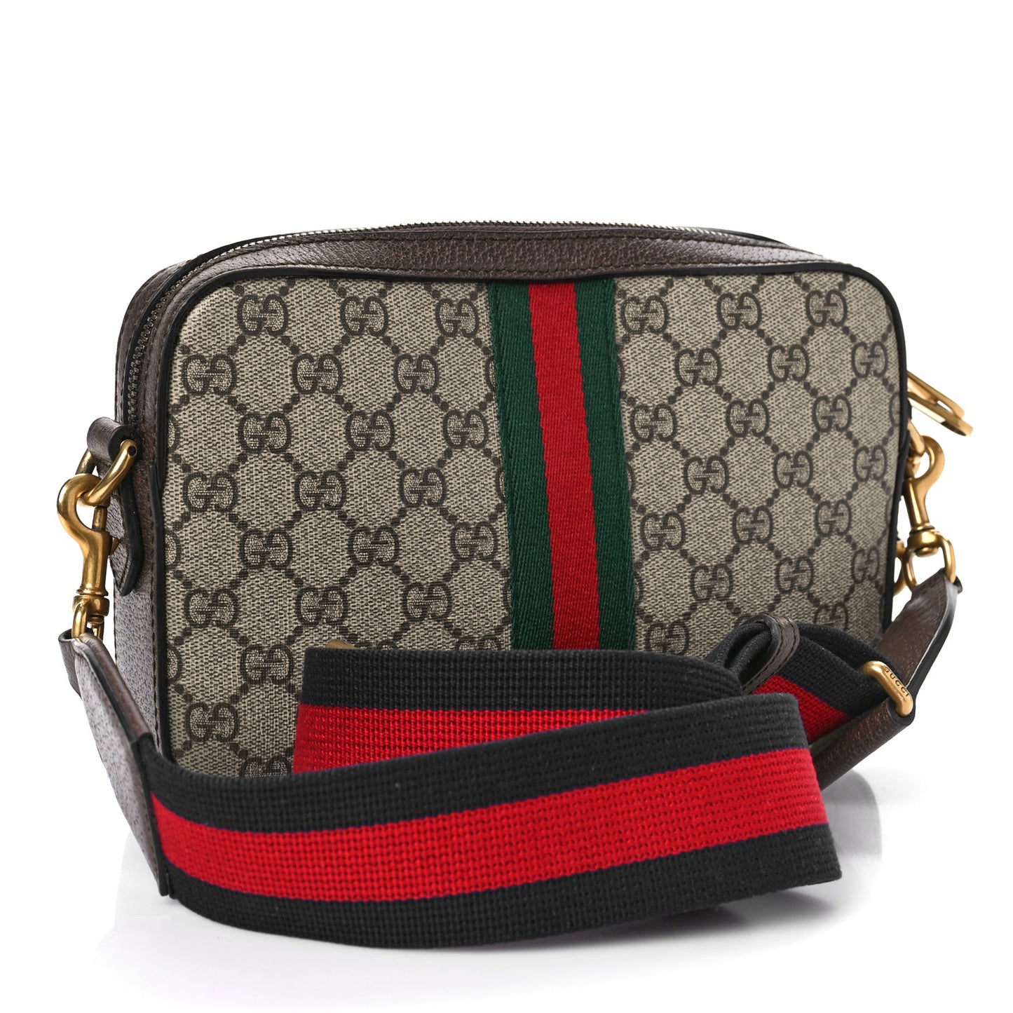 GG Supreme Monogram Textured Dollar Calfskin Web Ophidia Wristlet Shoulder Bag Beige Ebony New Acero
