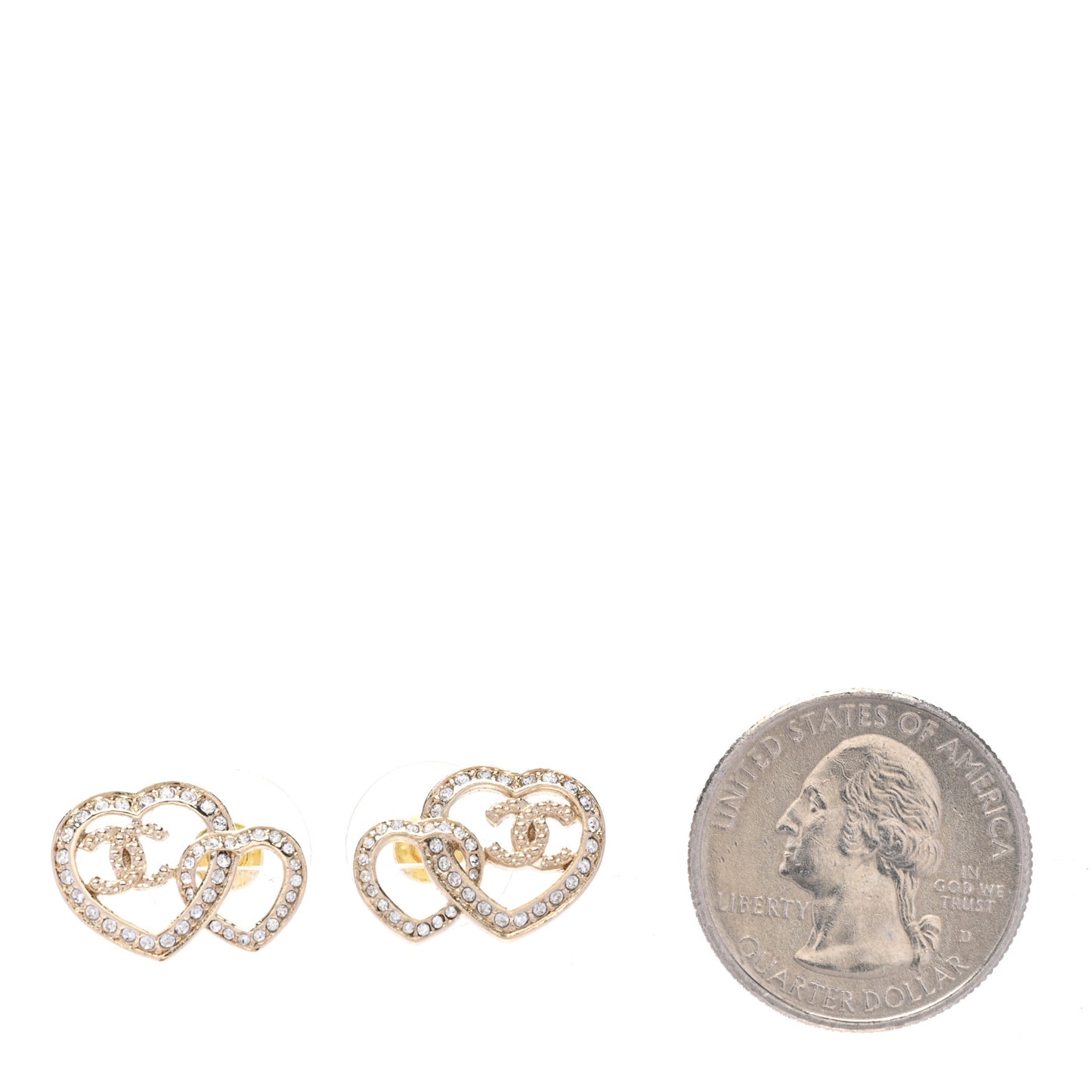 Crystal Metal CC Double Heart Earrings Gold