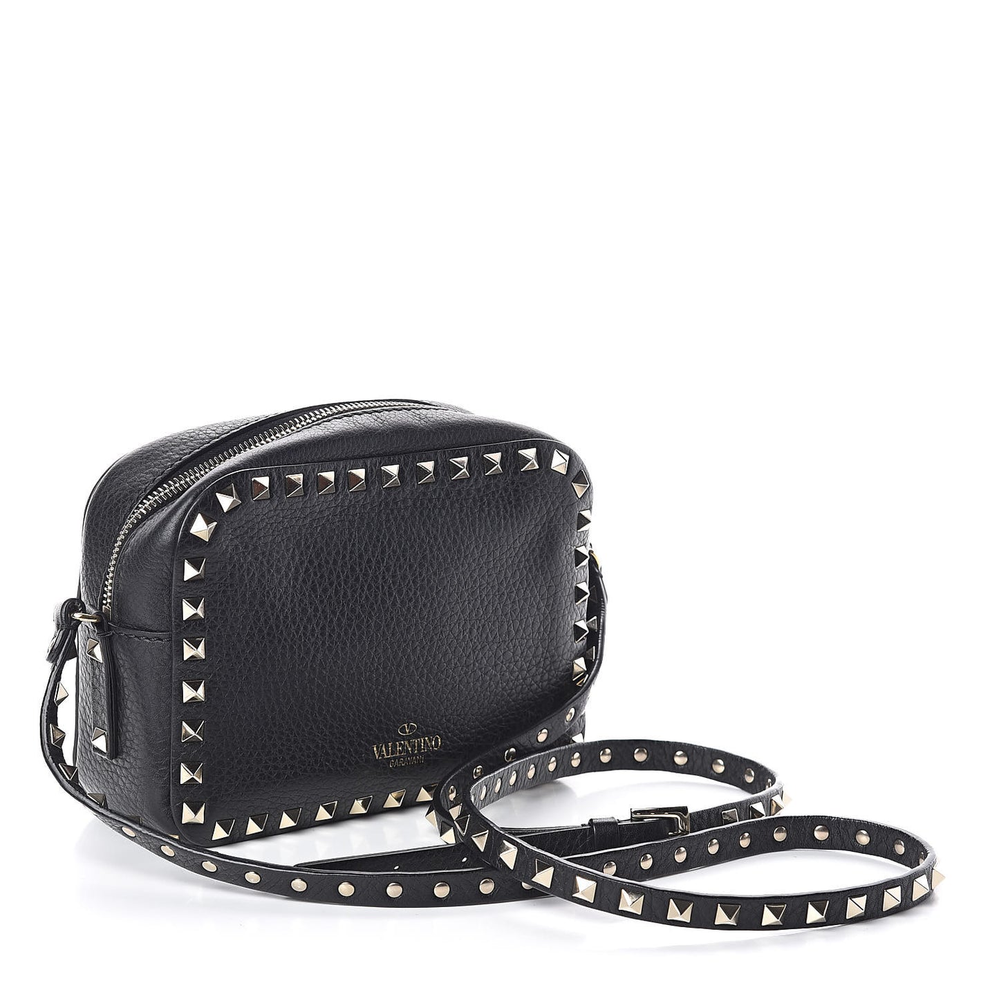 Pebbled Calfskin Rockstud Camera Crossbody Bag Black