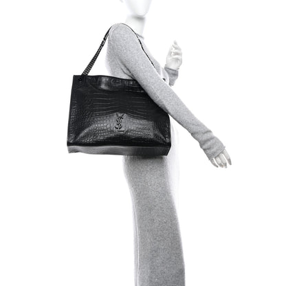 Saint Laurent Calfskin Crocodile Embossed Monogram Medium Niki Shopping Bag Black 2 of 9