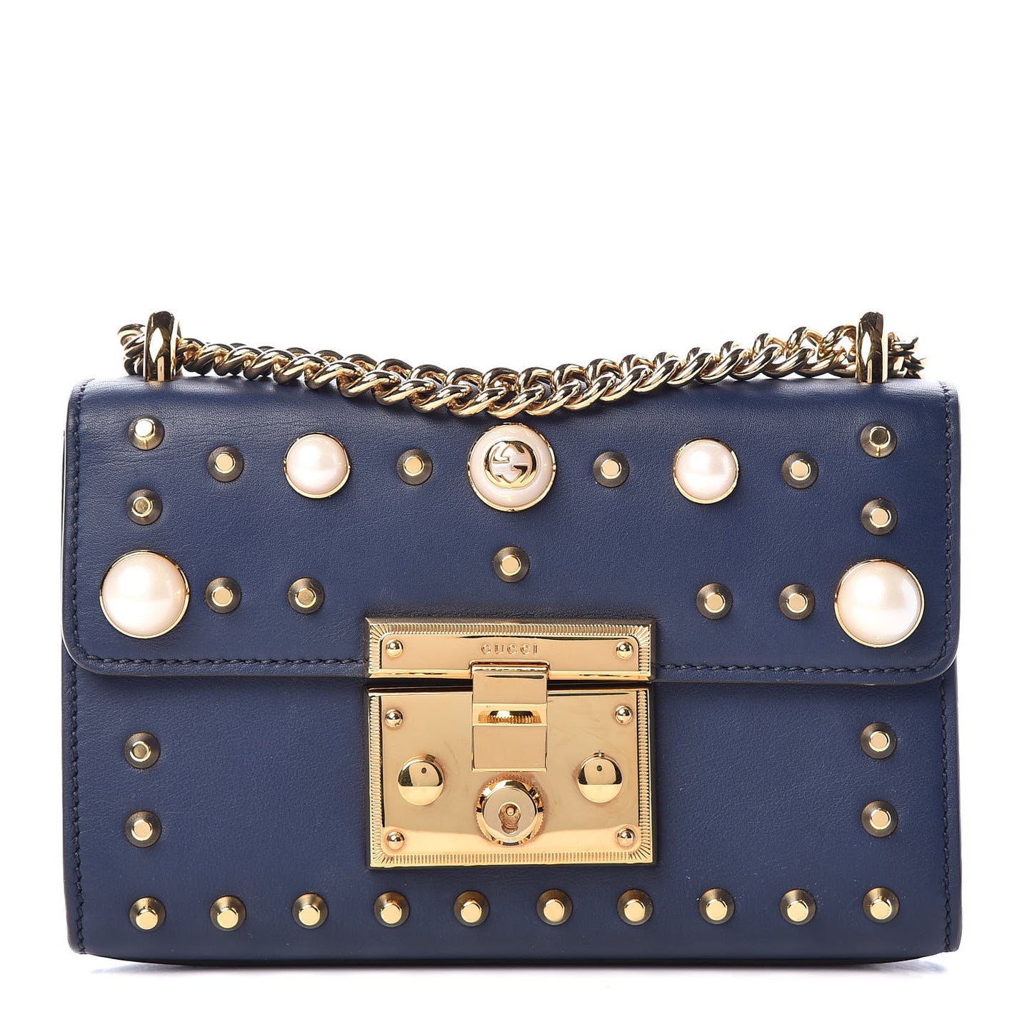 Calfskin Studded Small Padlock Shoulder Bag Blue Agata