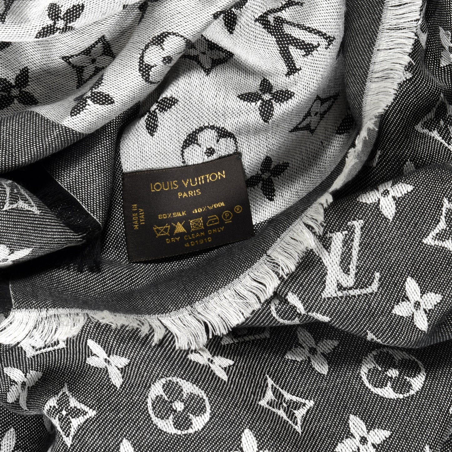 Wool Silk Monogram Denim Shawl Black