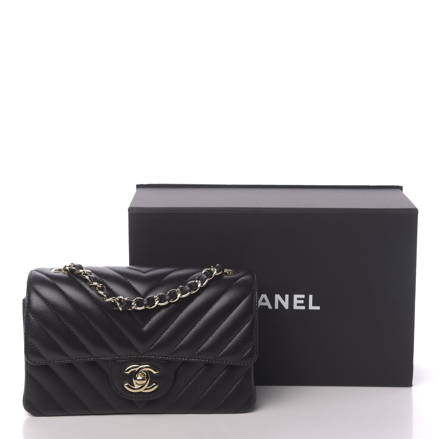 Lambskin Chevron Quilted Mini Rectangular Flap Black