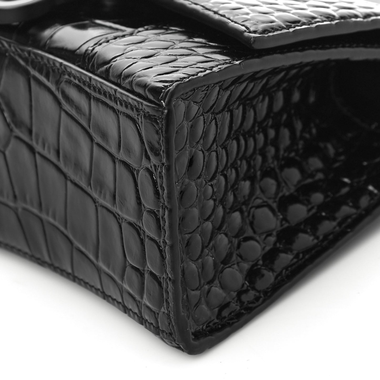 Shiny Calfskin Monochrome Crocodile Embossed Hourglass Top Handle Bag XS Black