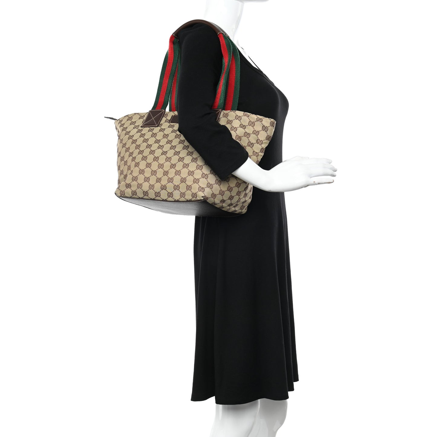 GG Monogram Medium Web Handle Bucket Tote Dark Brown