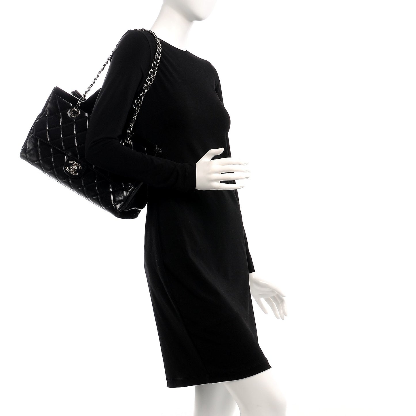 Glazed Calfskin Quilted Small CC Delivery Tote Black