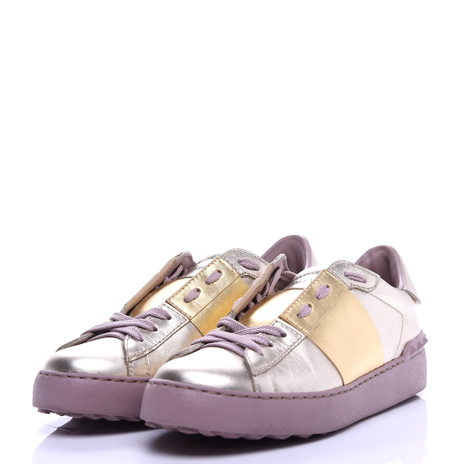 Valentino Garavani Metallic Calfskin Rockstud Open Sneakers 36.5 Silver Gold Pink 2 of 10