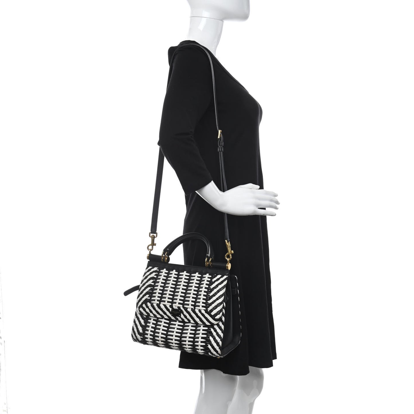 Calfskin Woven Medium Sicily 58 Satchel Black White
