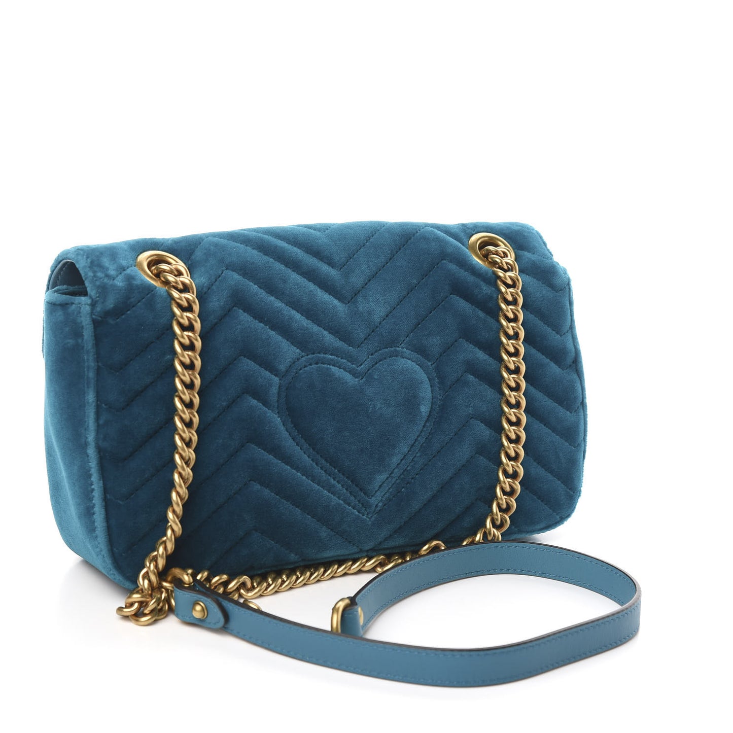 Velvet Matelasse Embroidered Small GG Marmont Shoulder Bag Pavone Cyan