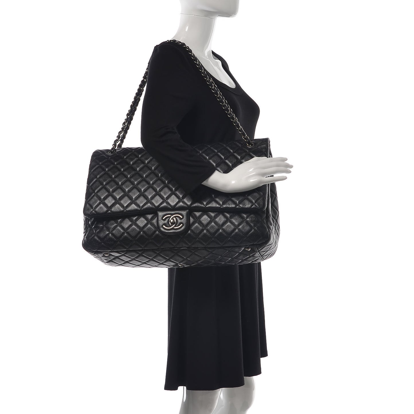 Calfskin Quilted XXL Travel Flap Bag Black