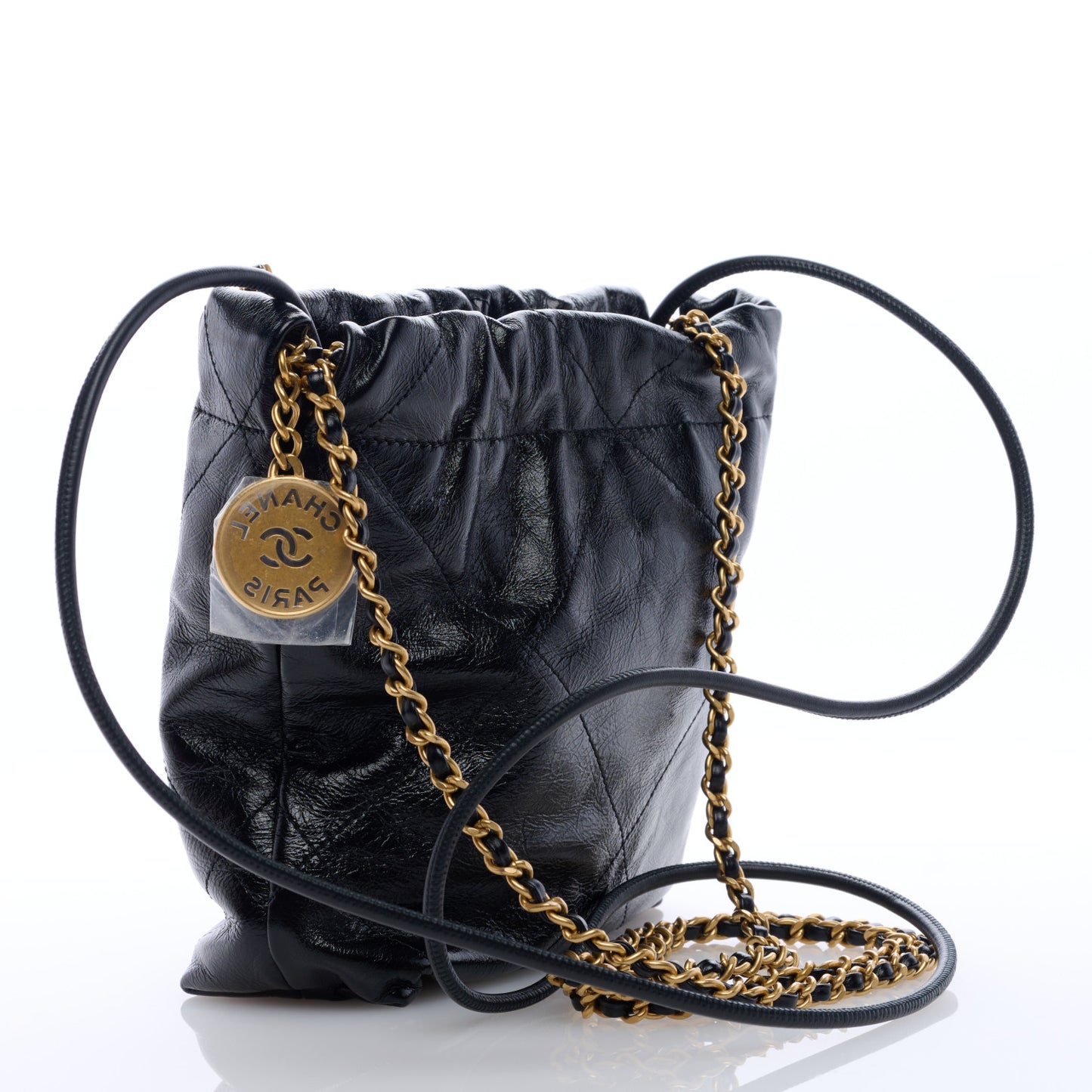 Shiny Crumpled Calfskin Quilted Pearl Mini Chanel 22 Black