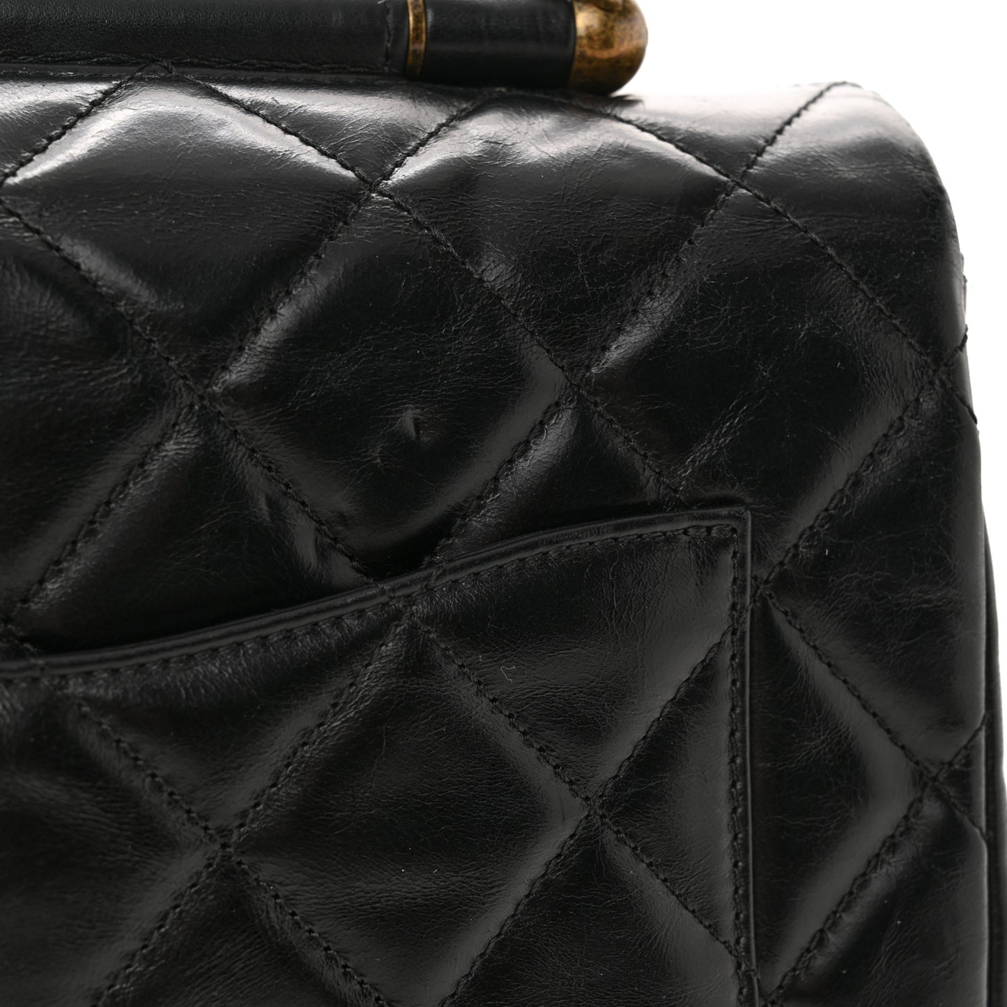 Glazed Calfskin Quilted Medium Gold Bar Top Handle Flap Black