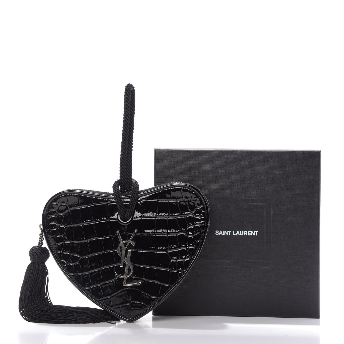 Patent Crocodile Embossed Sac Coeur Heart Shaped Clutch Black