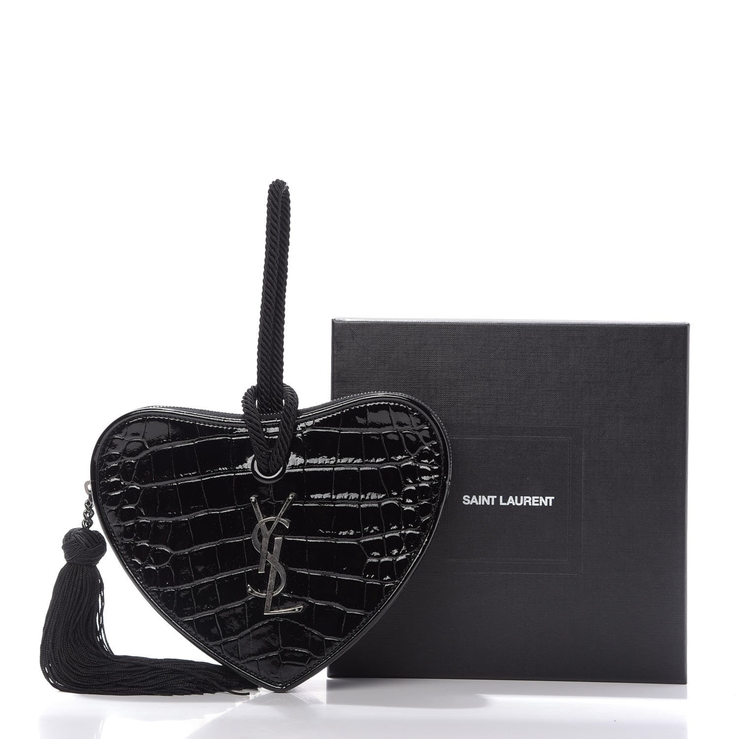 Saint Laurent Patent Crocodile Embossed Sac Coeur Heart Shaped Clutch Black 9 of 9