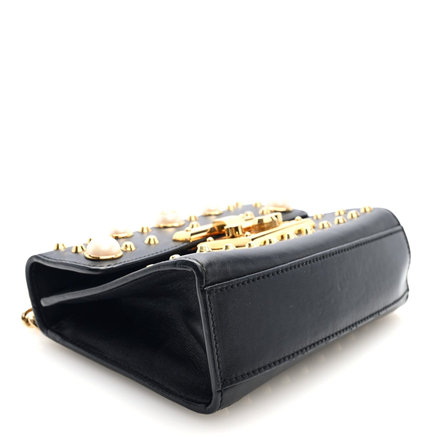 Calfskin Studded Small Padlock Shoulder Bag Black
